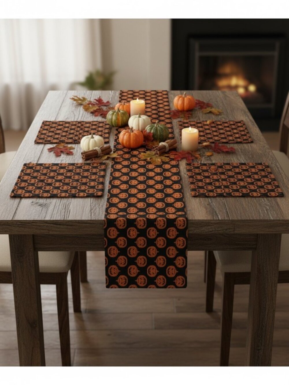 NEW Halloween Pumpkin Table Runner & 4 Matching Placemats – 5-Piece Set